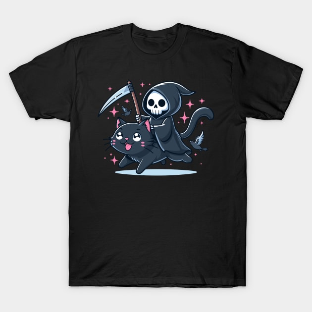 Grim Reaper Riding Black Cat T-Shirt by Kawaii N Spice